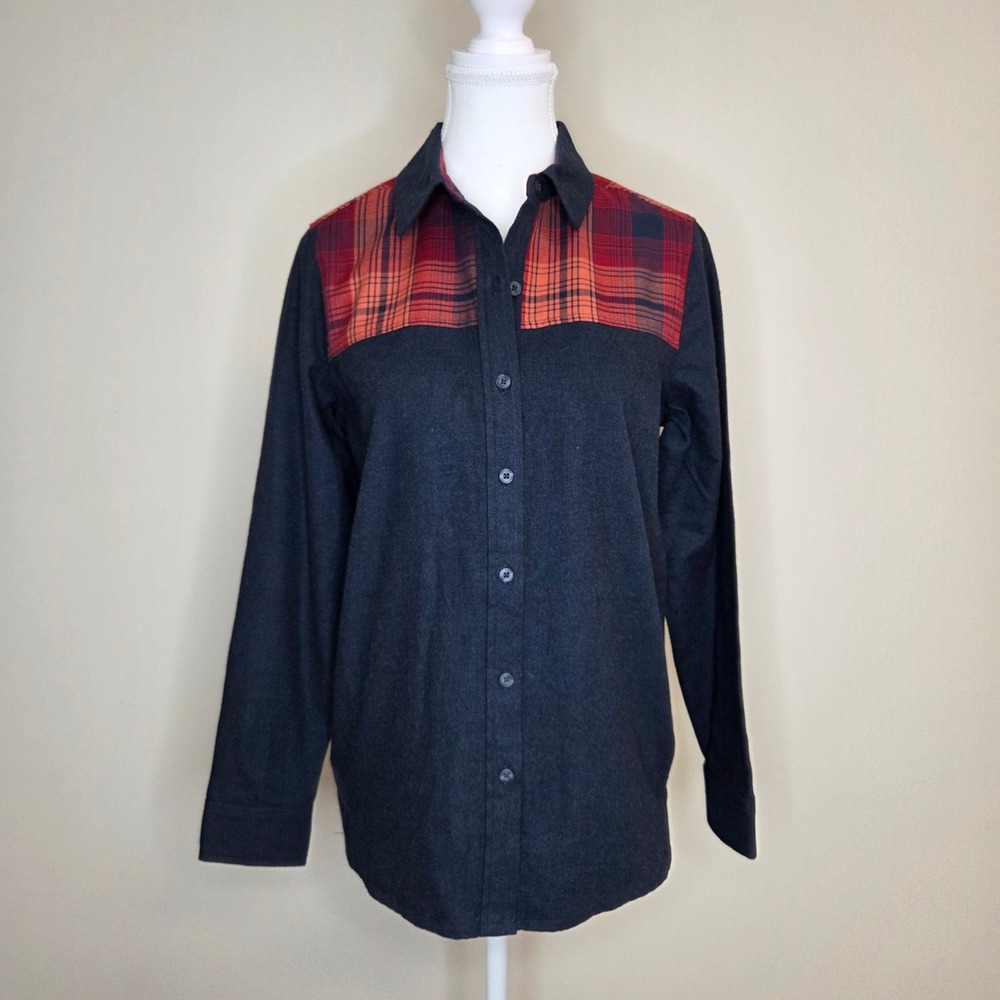 Western Flannel and Plaid Shirt Gray Red Orange Button Up Cotton Womens‎ XS